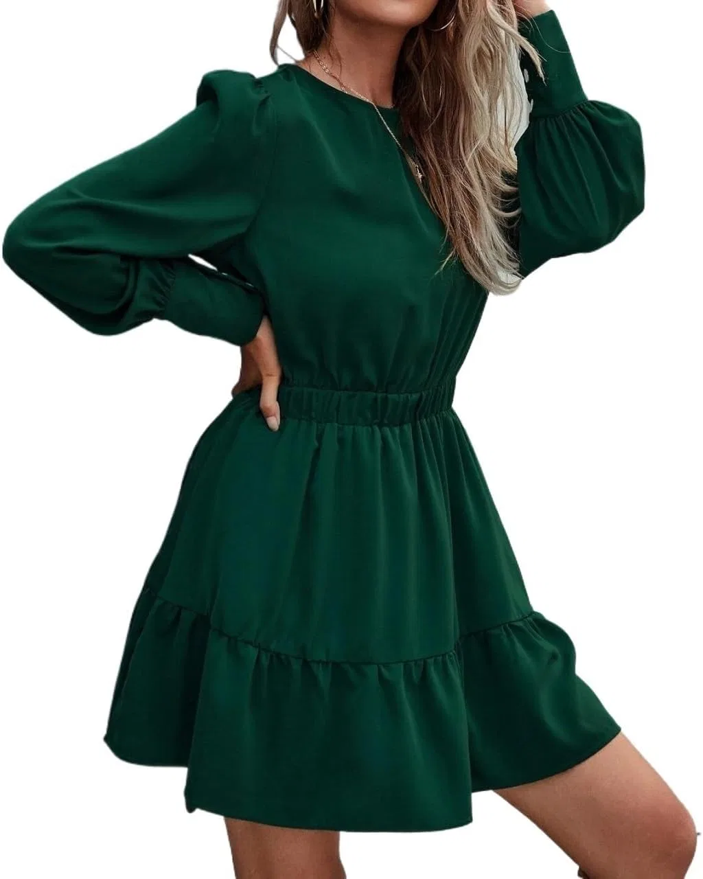 Женское платье А-силуэта с длинным рукавом и рюшами, Dark Green — фото 4