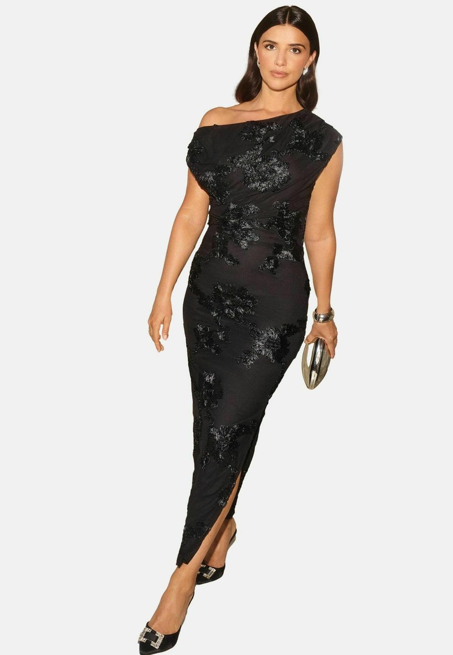 

Платье Friends Like These LUCY MECKLENBURGH OFF THE SHOULDER CORNELLI EMBROIDERED MIDI, Black Floral/Black