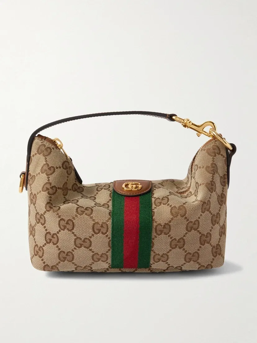 Мини-сумка Ophidia из канваса с покрытием, отделкой из кожи и тесьмы GUCCI, бежевый