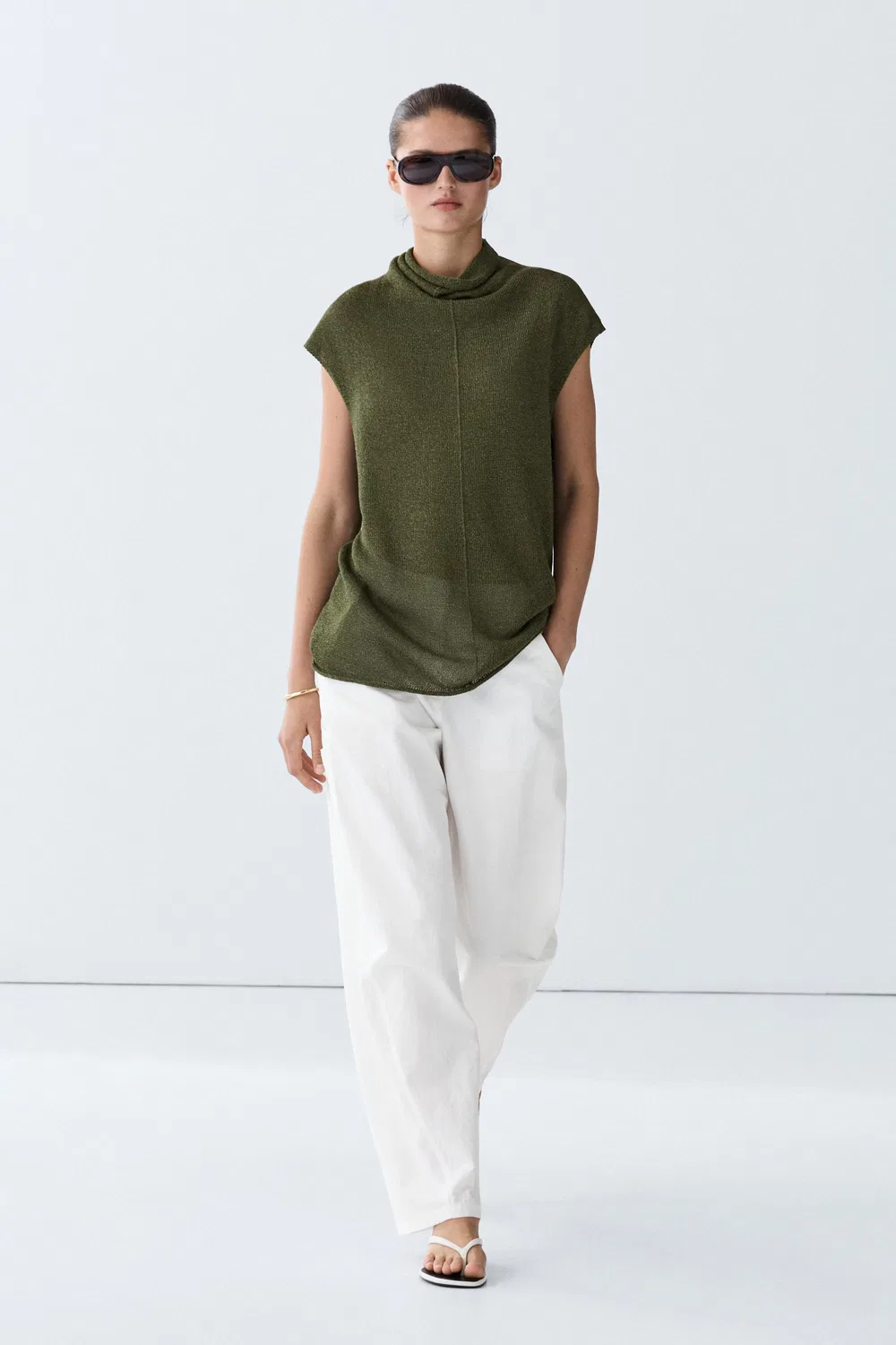 Топ Massimo Dutti Draped High Neck Knit, зеленый — фото 3