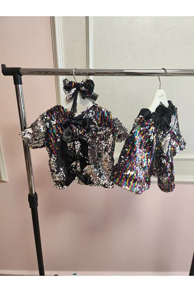 Детский комплект блузы и юбки с пайетками Tozpembebaby, Black — фото 4