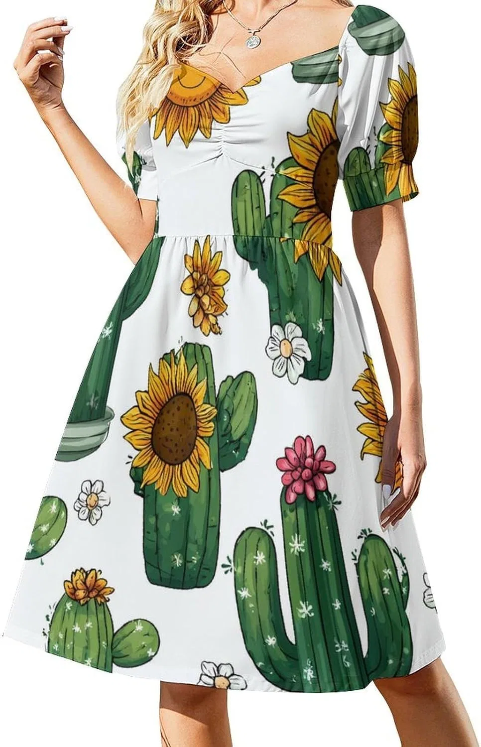 Женское летнее платье A-силуэта с пышными рукавами Cactus Sunflower, Style