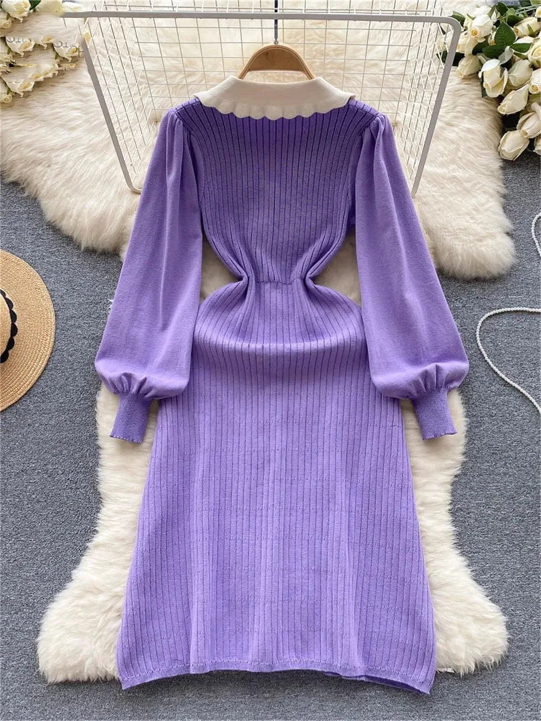 Женское платье-свитер цвет-блок с воротником-питерпан, Single Breasted, Purple — фото 3