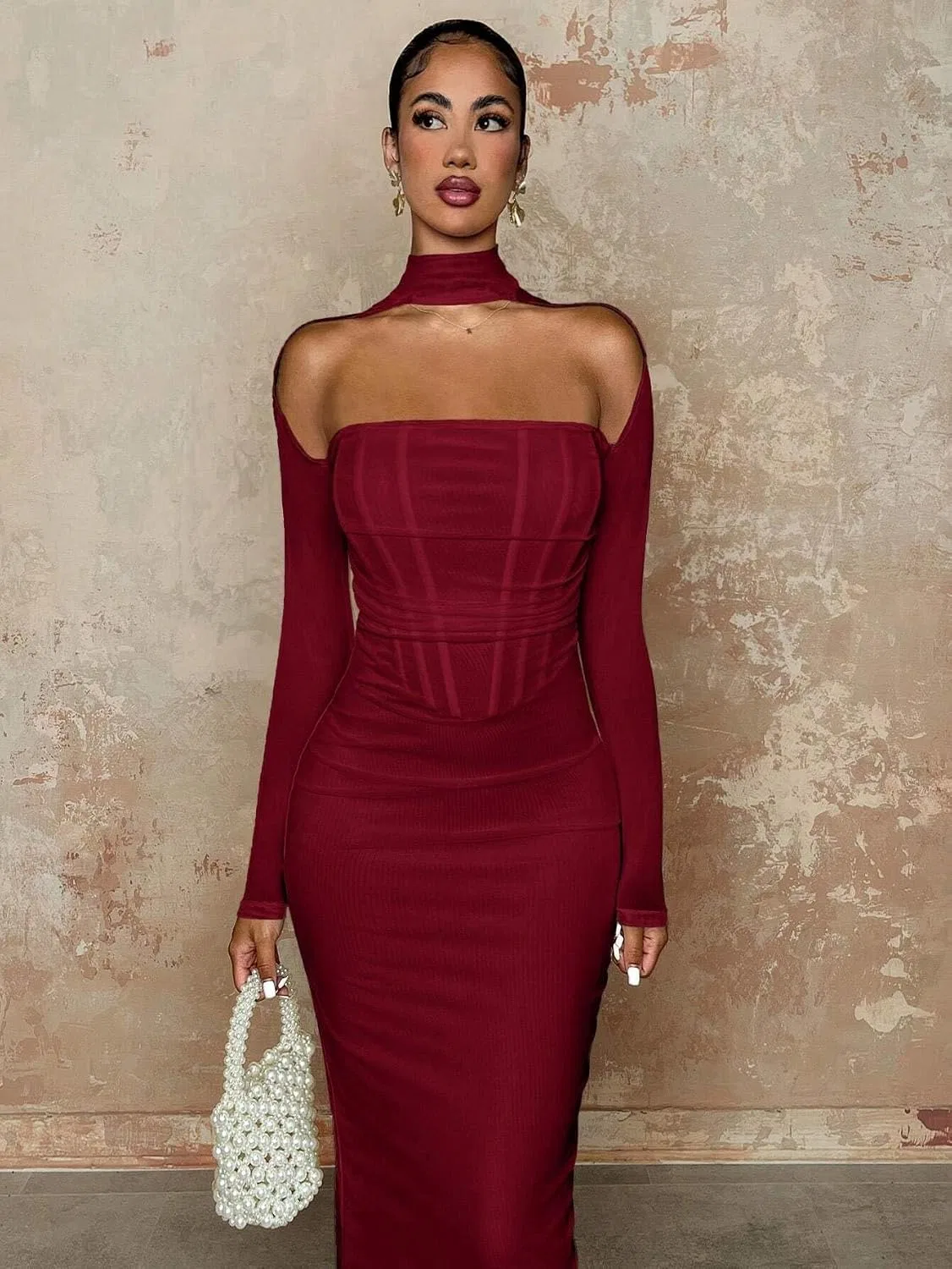 Женское повседневное платье миди с длинным рукавом Bodycon, Burgundy — фото 4