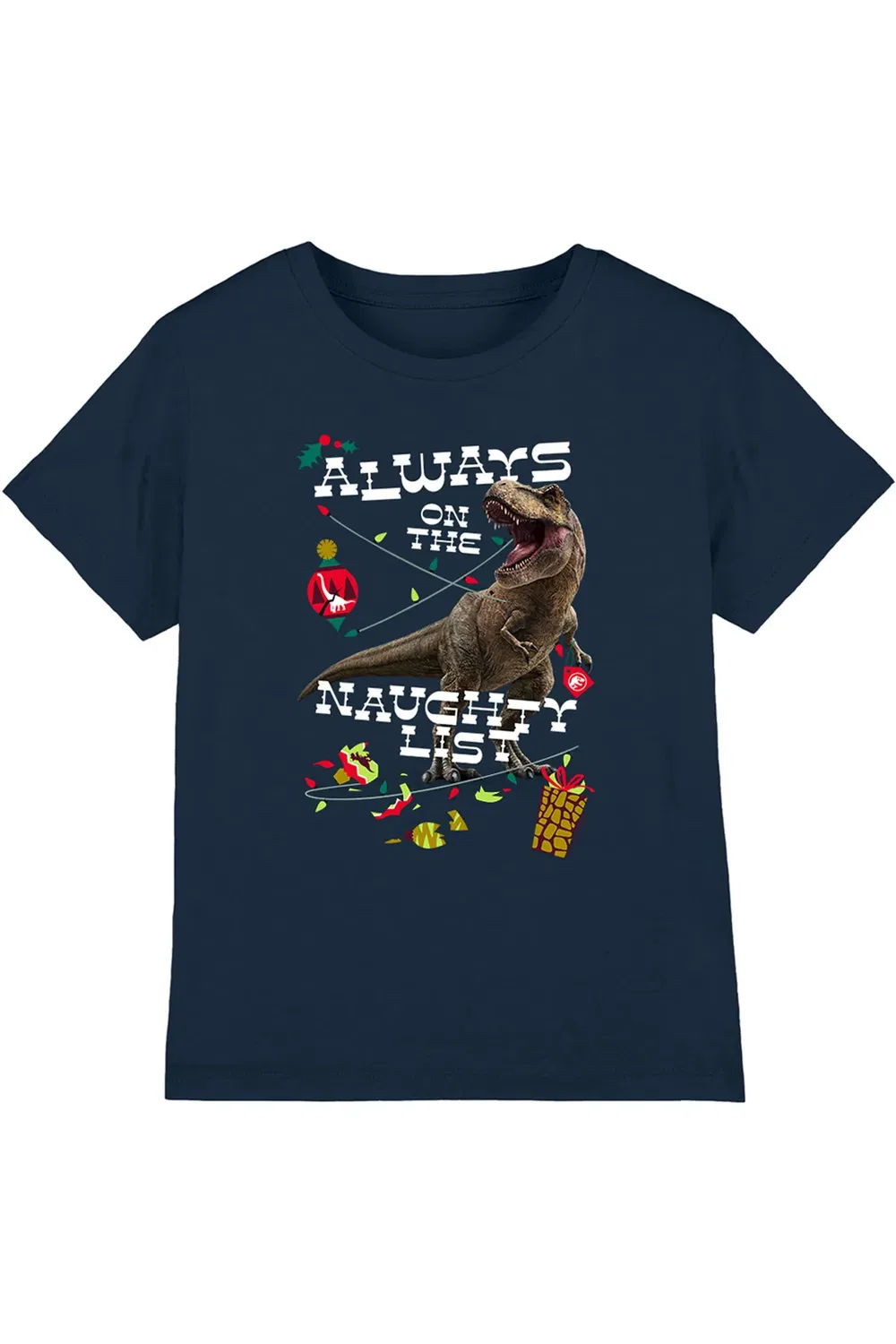 Детская футболка с принтом Jurassic World T-Rex Christmas Naughty List Nbcu, Navy