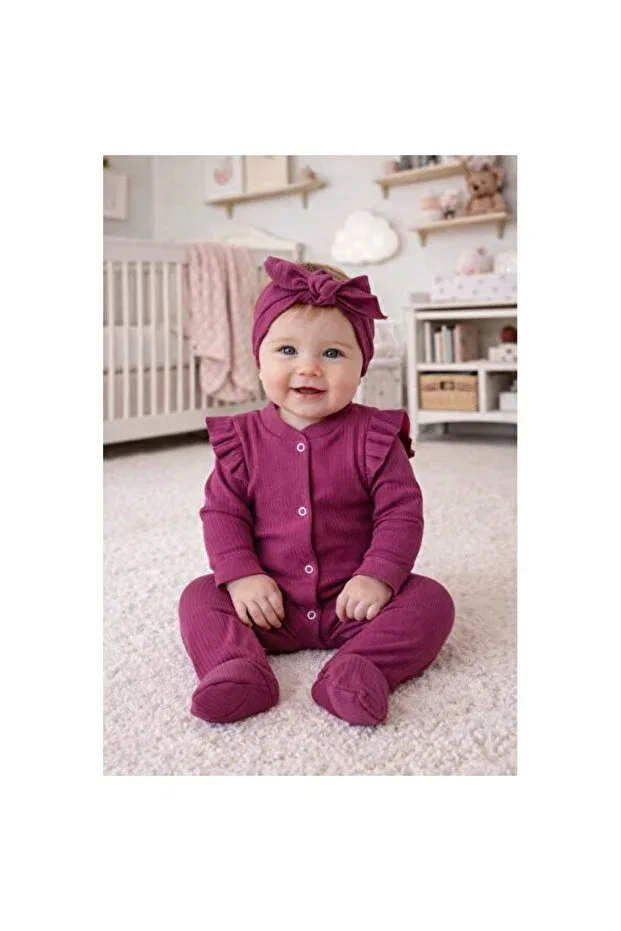 Детский комбинезон-ромпер с длинным рукавом комплект 2 шт Colorful 3-6-9 months baby and child ruffle shoulder romper set Empressco, Purple