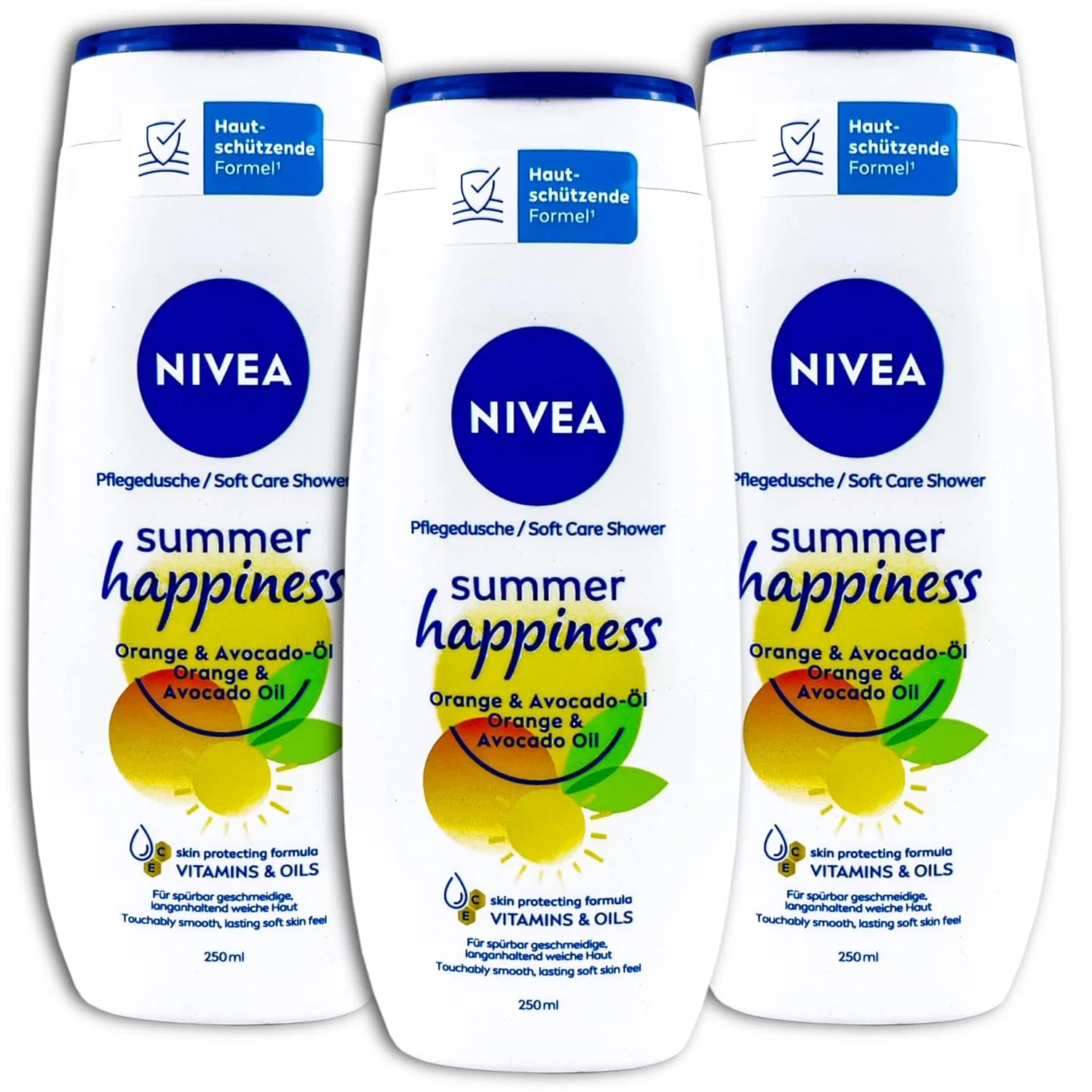Гель для душа Summer Happiness Orange & Avocado Oil, NIVEA, набор 3 x 250 мл