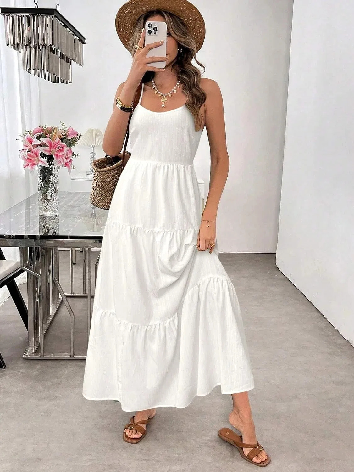 Женское повседневное платье-комбинация с открытой спиной, White — фото 4