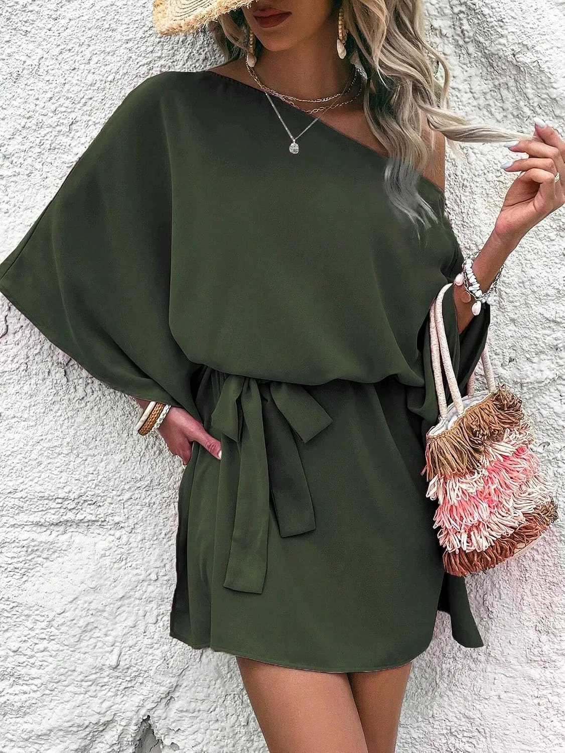 Женское летнее платье с асимметричным вырезом, Army Green — фото 3