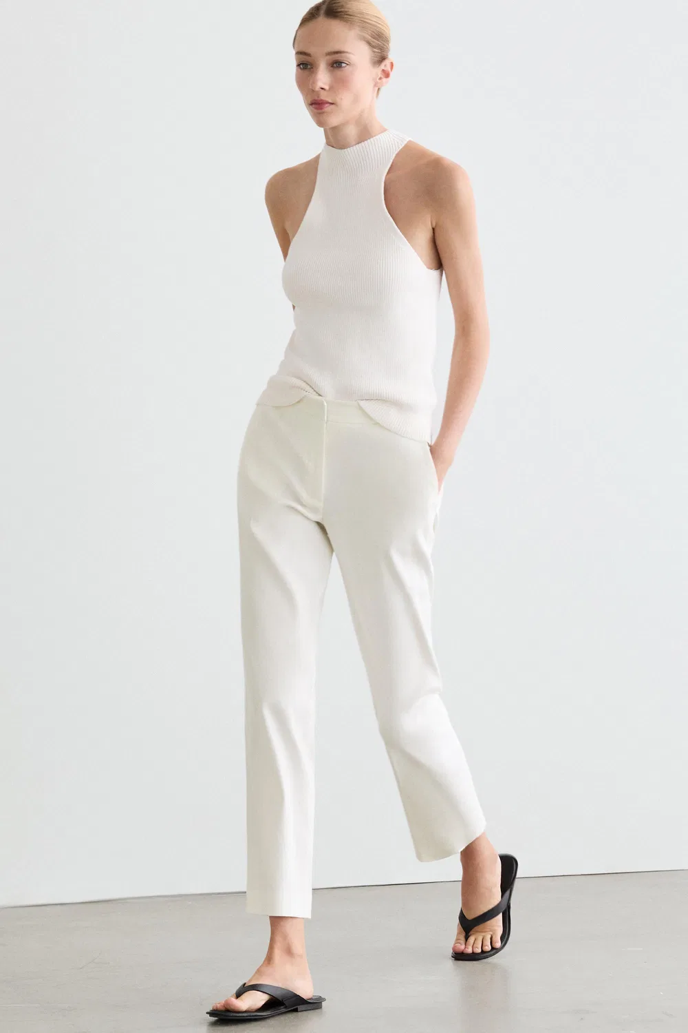 Брюки прямого кроя из смесовой льняной ткани Massimo Dutti, белый — фото 4