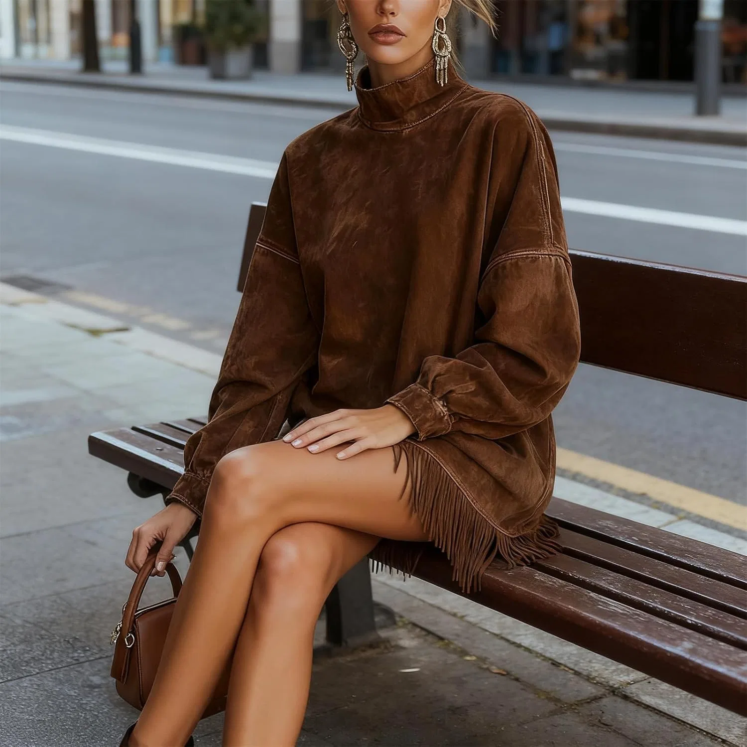 Женское платье-свитшот из футера с бахромой, Faux Suede Turtleneck Dress with Fringe Hem, кофейный — фото 3