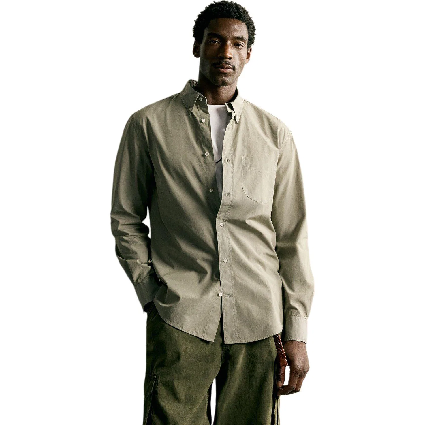 Мужская рубашка свободного кроя с отложным воротником Khaki Lapel ZARA, Khaki — фото 3