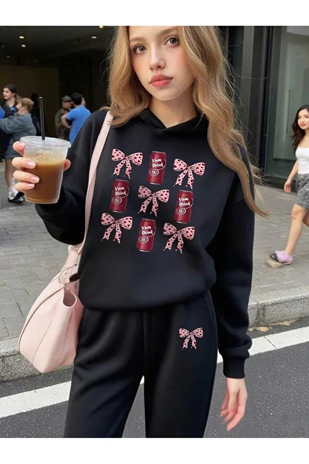 Детский комплект спортивного костюма для девочек с принтом Cool Girl Hooded Combination Svart Wear, Black