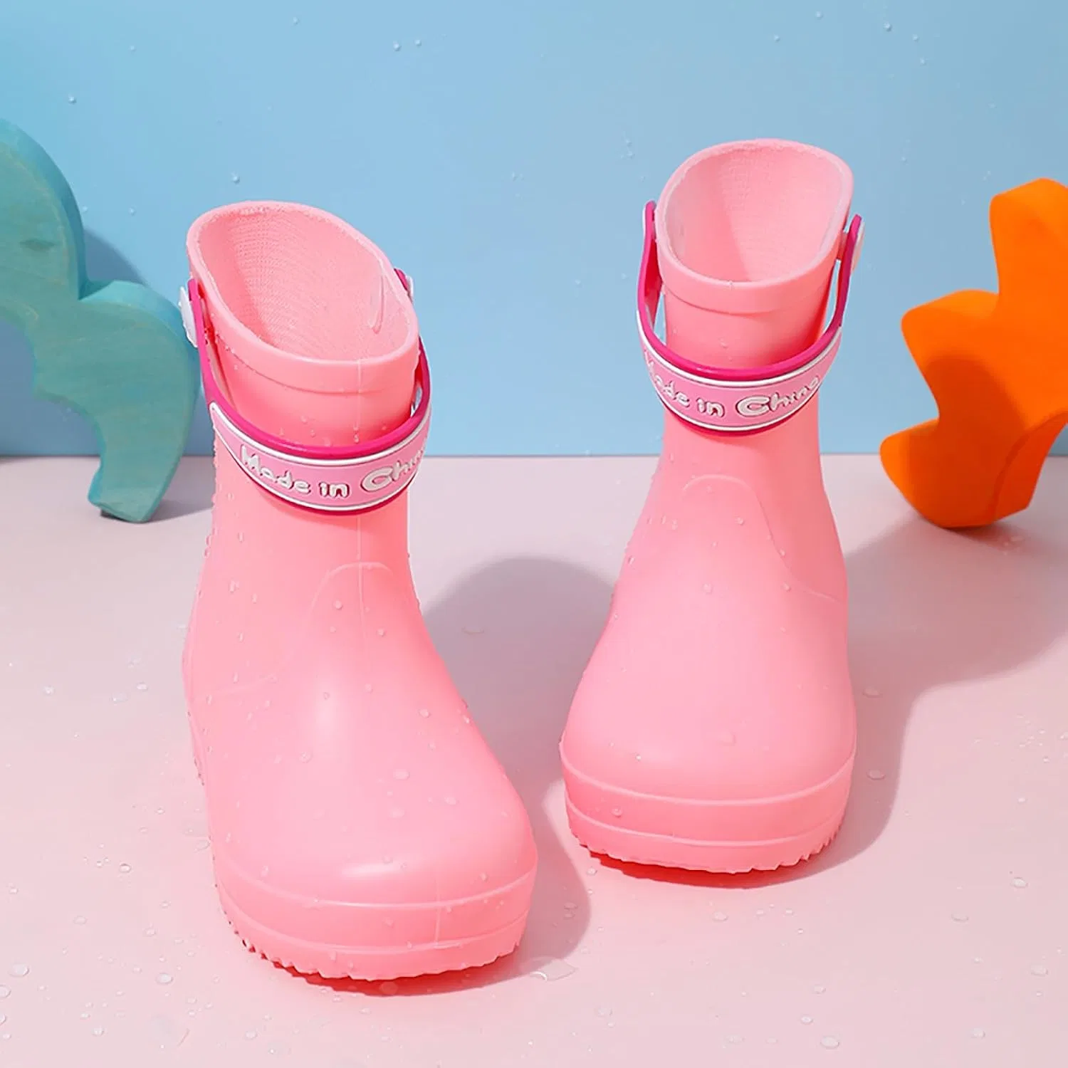 Детские дождевые сапоги на липучках с принтом для мальчиков и девочек, Pink — фото 3