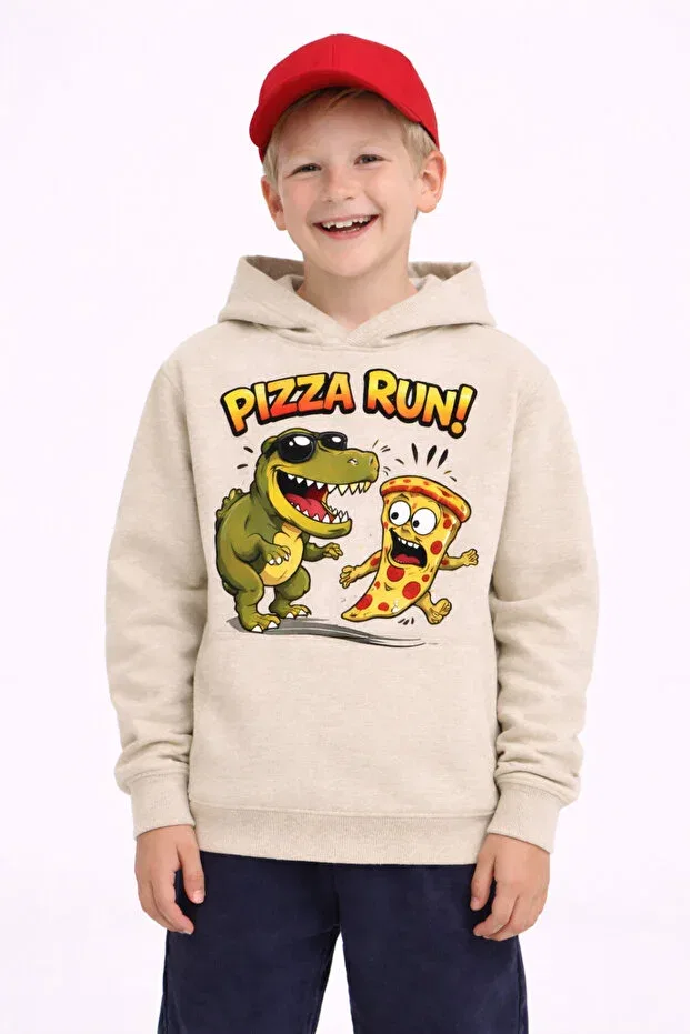 Детское худи для девочек с принтом Pizza Run Printed 3 Iplik Fleece-Lined Hooded Children's Sweat Artyus, Beige