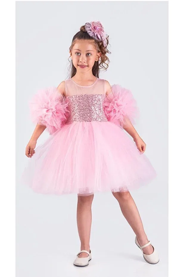 Детское платье для девочек с пайетками Pompom sleeves sequined tutu girl's evening dress Little Pumpkin, Powder Pink