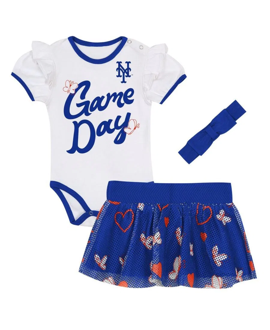 Комплект для малышки с боди, повязкой на голову и юбкой с принтом New York Mets Outerstuff, White Blue