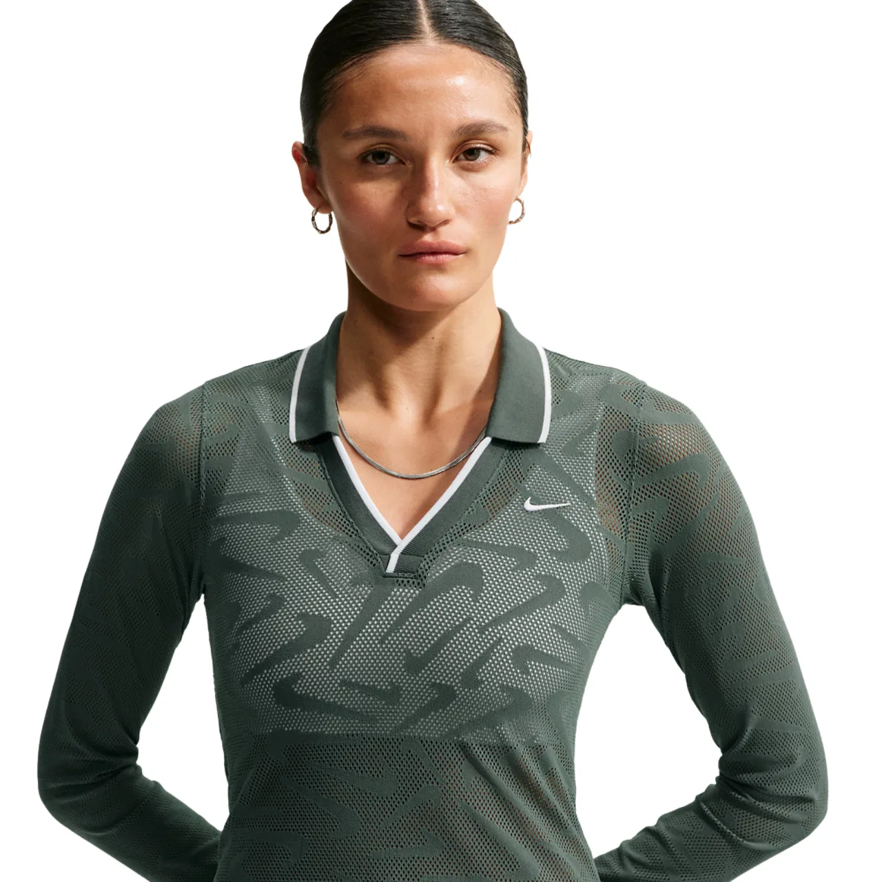 Женский лонгслив с принтом Nike Chill Knit LS Stitch Lace Top, Camo Green/Camo Green/White