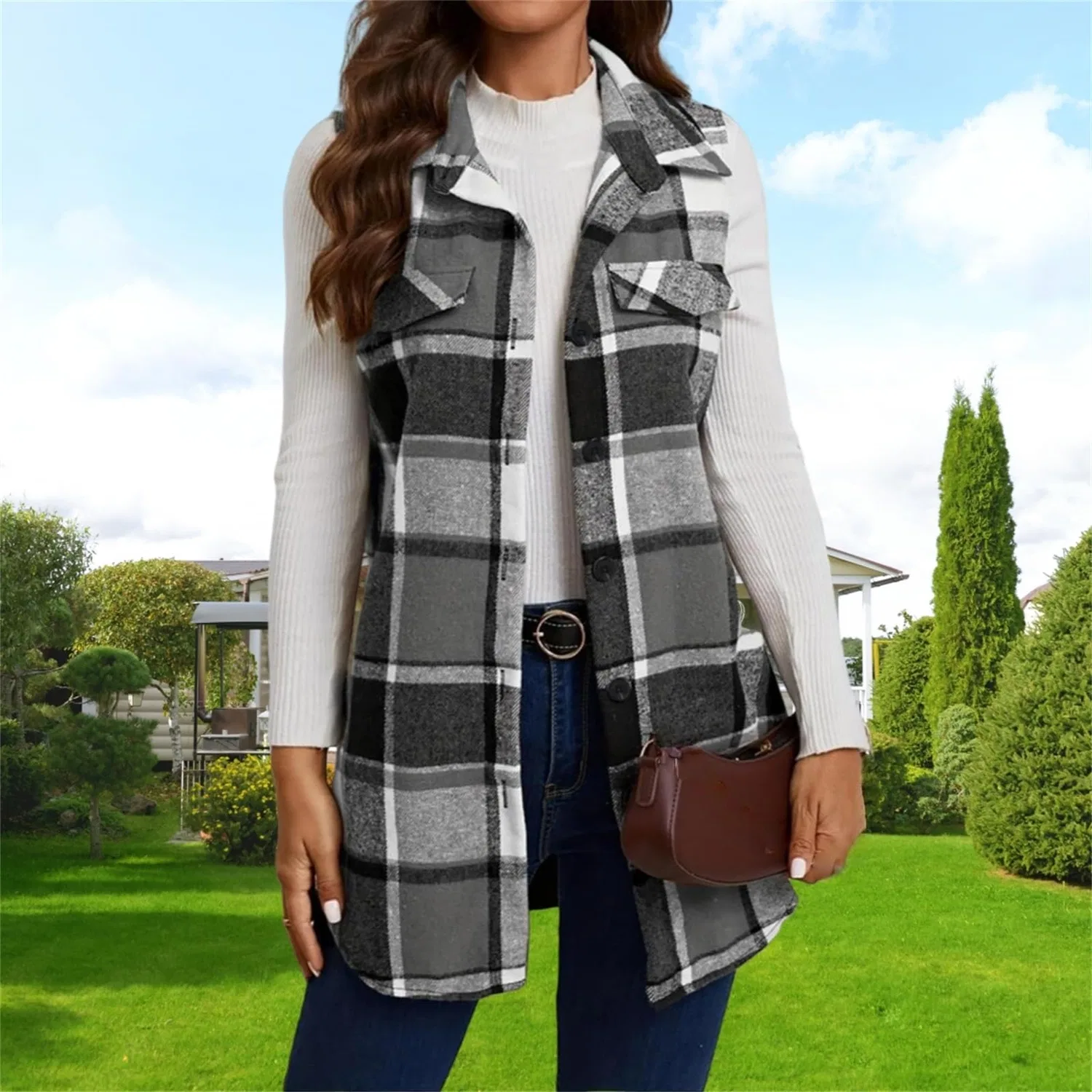 Женский жилет с принтом Plaid Gilet Button Down Senza Maniche Camicia Giacca, rosa — фото 3