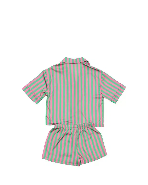 Детский комплект для девочек с принтом Watermelon Silky Short Sleeve Shorts Set Sunshine Society, Green/Pink Stripe — фото 2