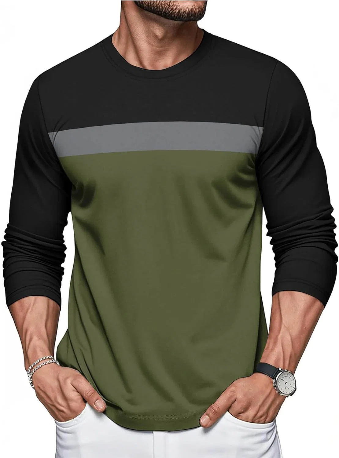 Мужская футболка с длинным рукавом Henley Regular Fit, Army Green