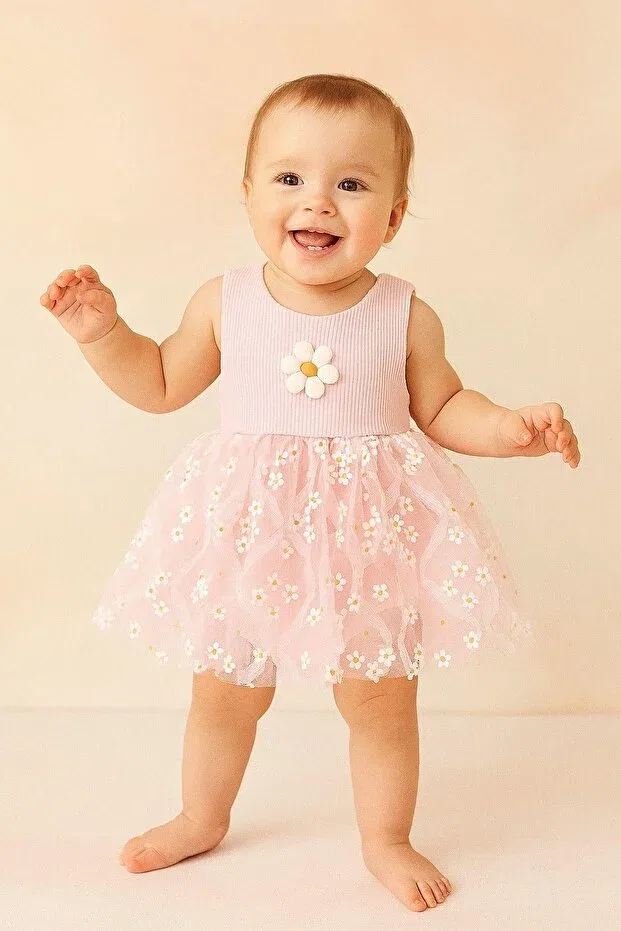 Детское платье для девочек с принтом Daisy patterned tulle dress with ribbed sleeves Dinamik Çocuk, Pink Flowered