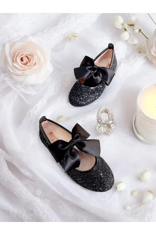 Детские балетки для девочек с принтом Patik Bebe, Black Glitter — фото 3
