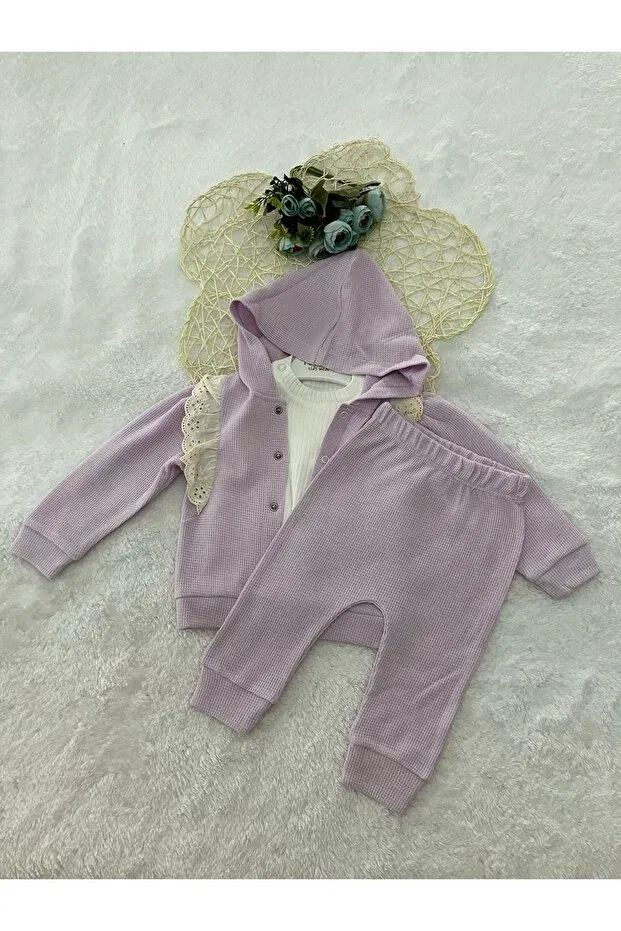 Детский комплект для девочек хлопковый Lilac cardigan 3-piece girl's set Yagmurgiyim, Lila-516