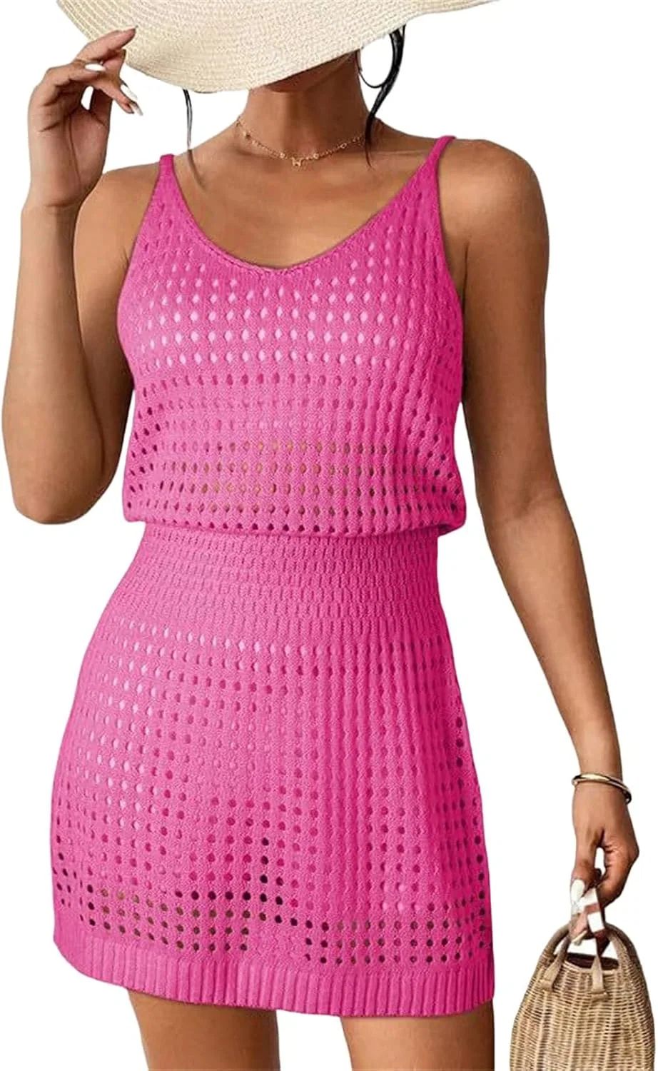 Женское пляжное платье вязаное крючком с вырезами, Hot Pink