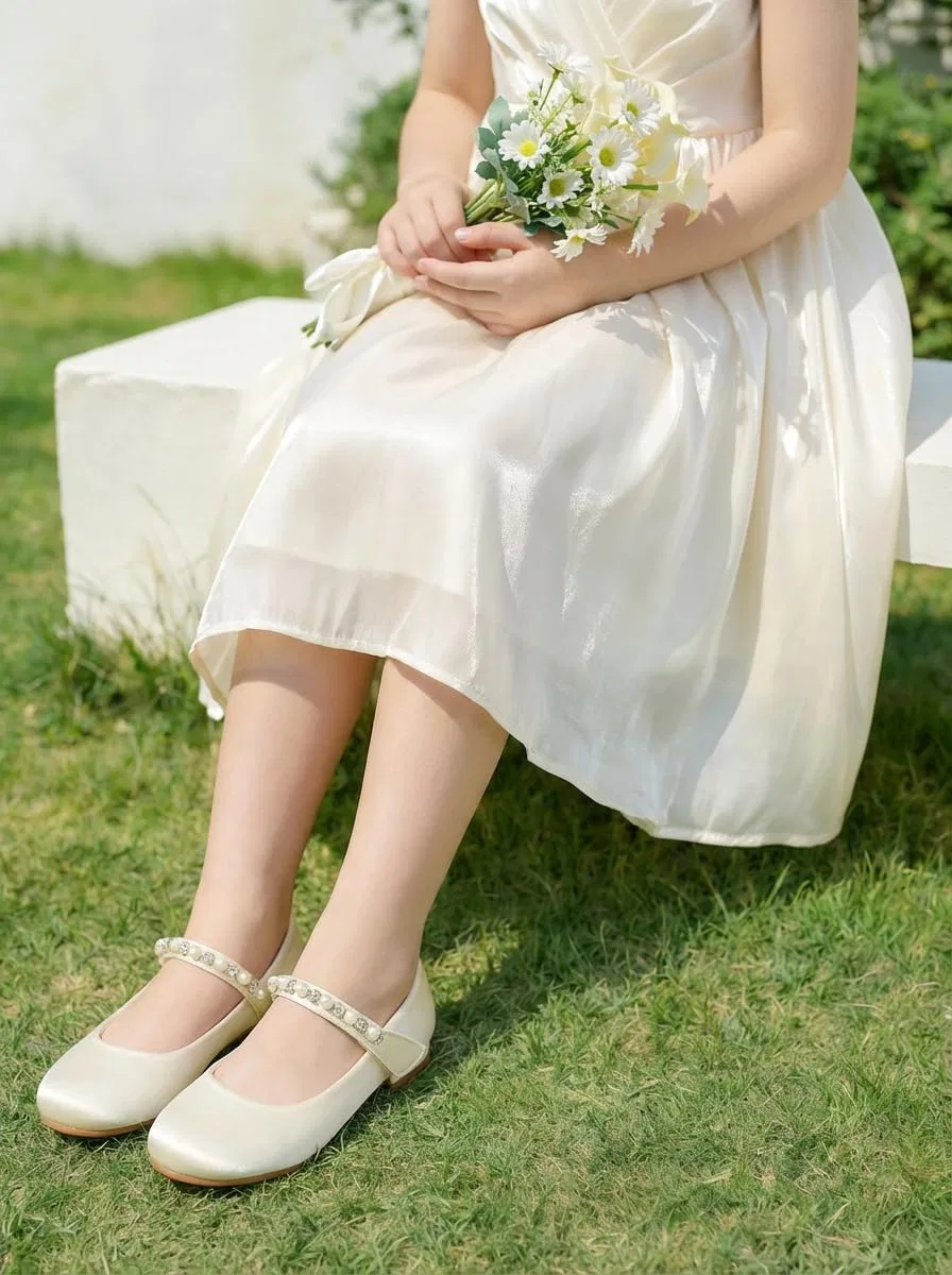 Детские балетки для девочек с принтом цветов Mary Jane Flats KDVOG, Ivory Satin — фото 3