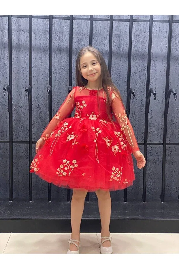 Детское платье для девочек с принтом Princess Red Floral Sare Çocuk Giyim, Red