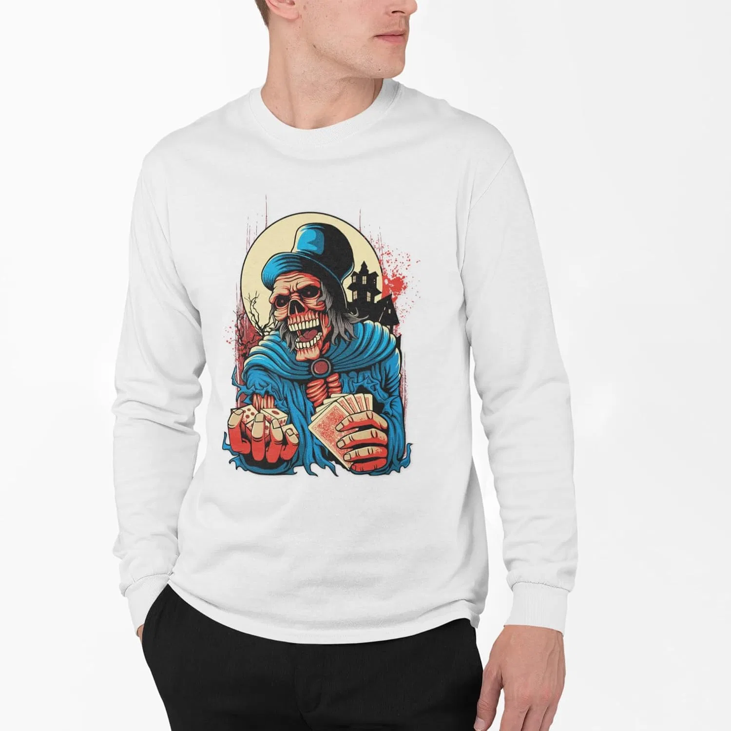 Унисекс футболка с длинным рукавом с черепом, Skeleton Art Design Tees, Black — фото 4