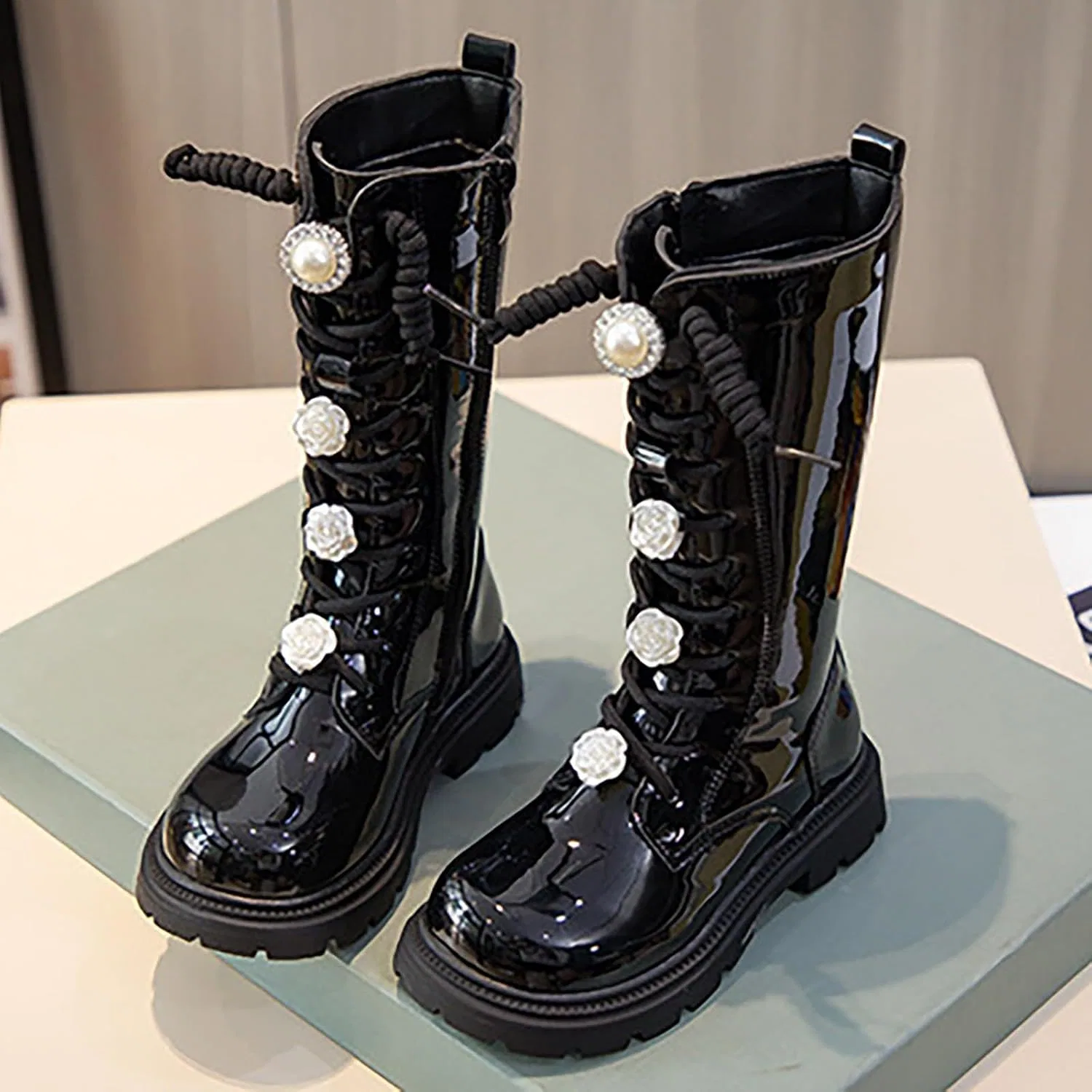Детские ботинки на шнуровке с молнией из PU-кожи, модель Combat Boots, Black — фото 3