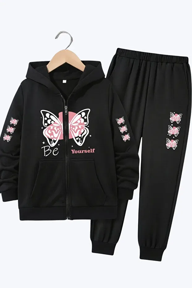 Детский спортивный костюм для девочек с принтом Zipped butterfly print detail hooded girls' tracksuit set Fyk Kids, Black