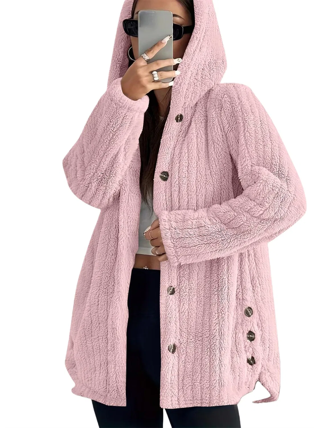 Женское пальто из флиса с длинным рукавом, капюшоном и пуговицами, rosa