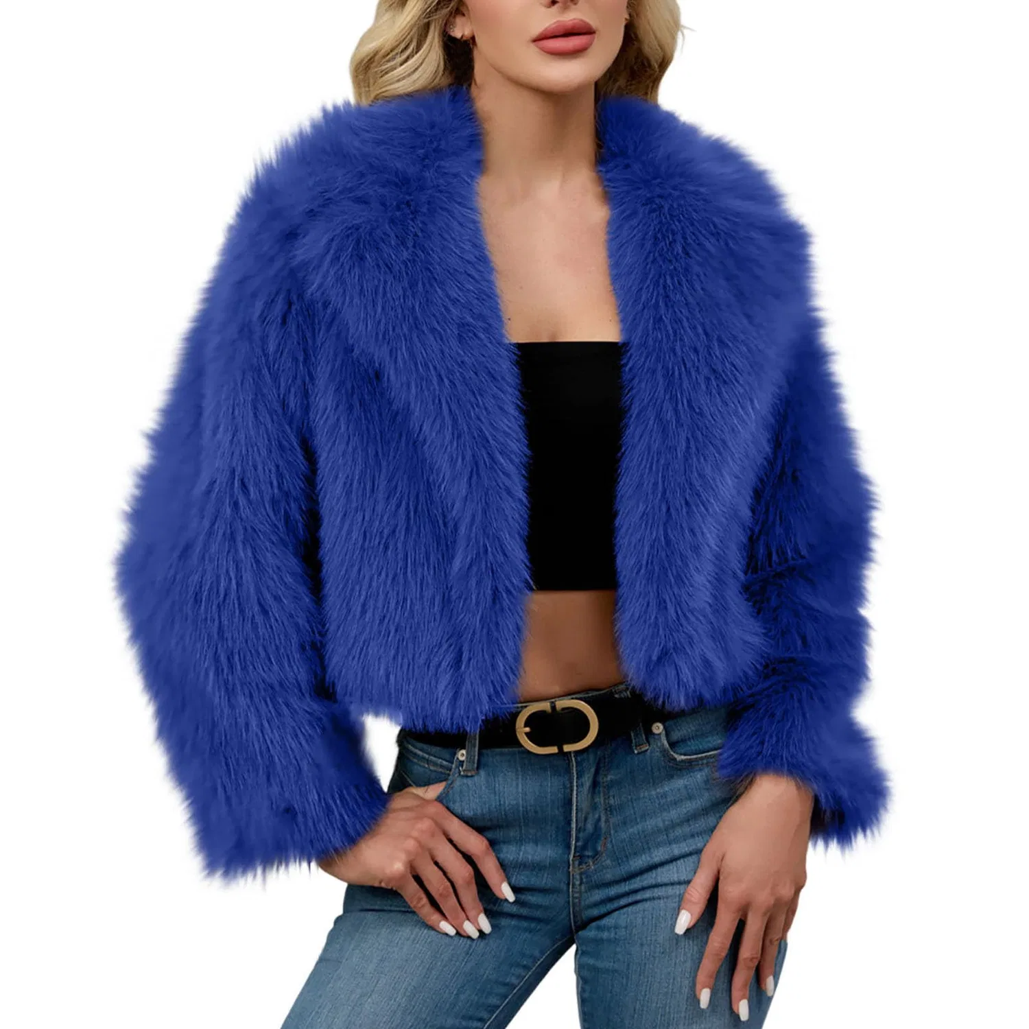 Женское пальто из искусственного меха с длинным рукавом, укороченное, C Blue
