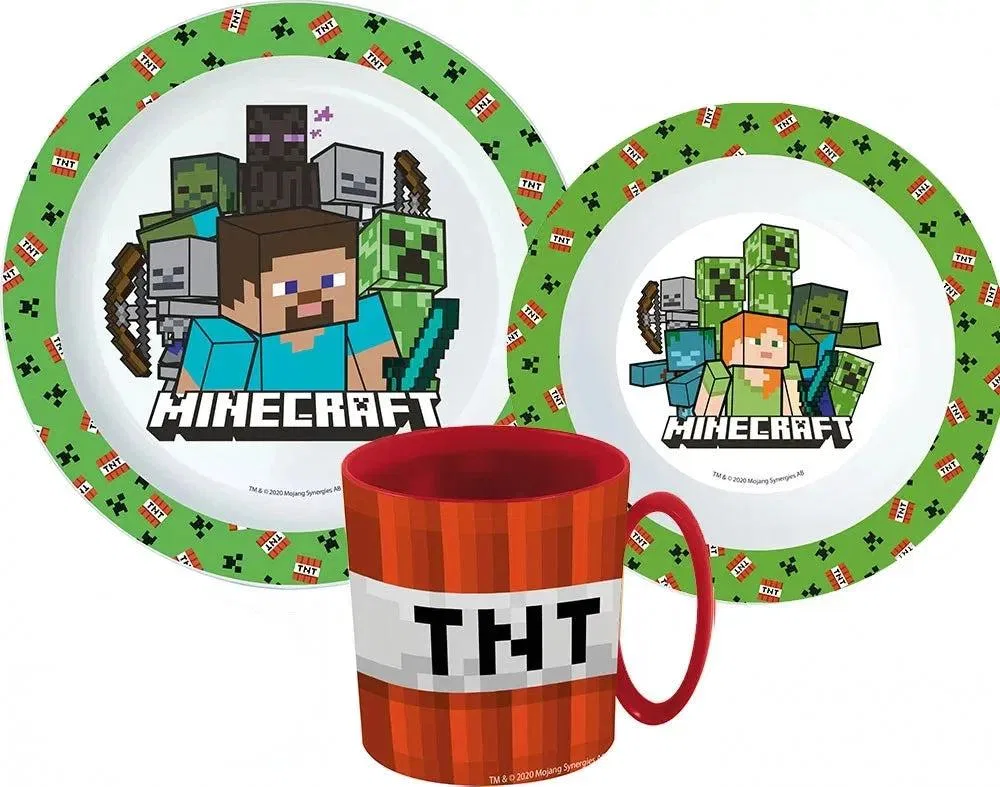 Детский набор посуды Minecraft TNT, тарелка 20 см, миска 15 см, кружка 350 мл, Minecraft, зеленый