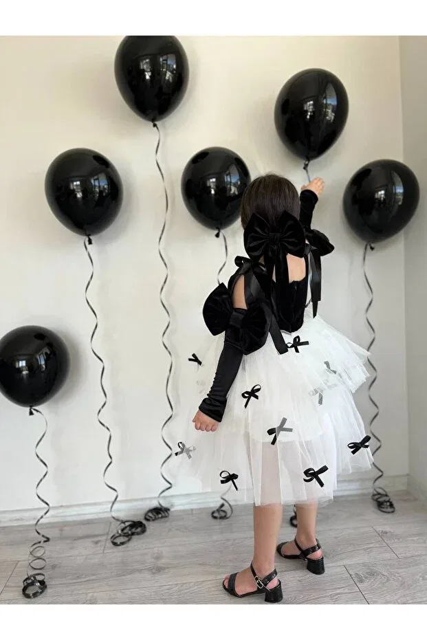 Детское платье для девочек с принтом Black bow detail princess girl's party dress + buckle + oversleeve Sarena, Black — фото 3