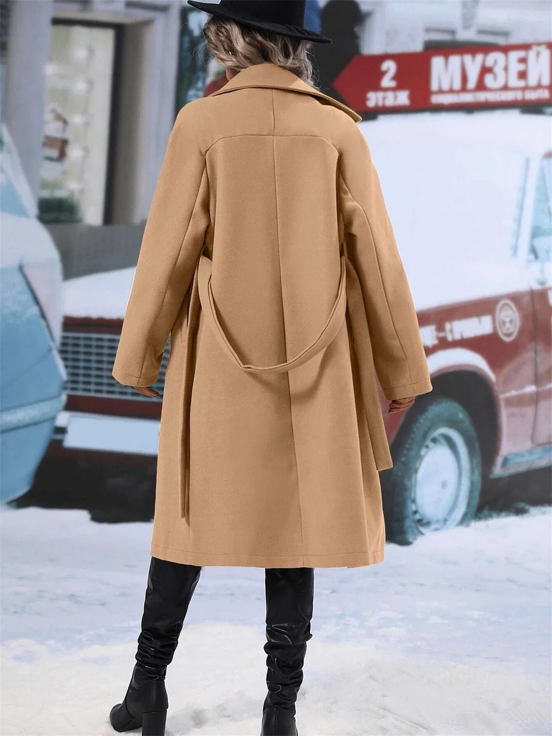 Женское пальто с двубортной застежкой и поясом, модель Elegant Casual Winter Warm Coat, Dark Khaki — фото 4