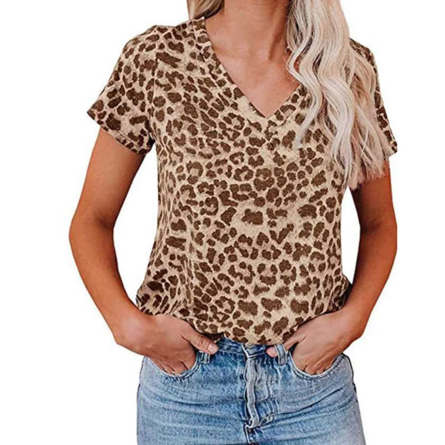 Женская футболка с V-образным вырезом с принтом Leopard Print Camo, Brown