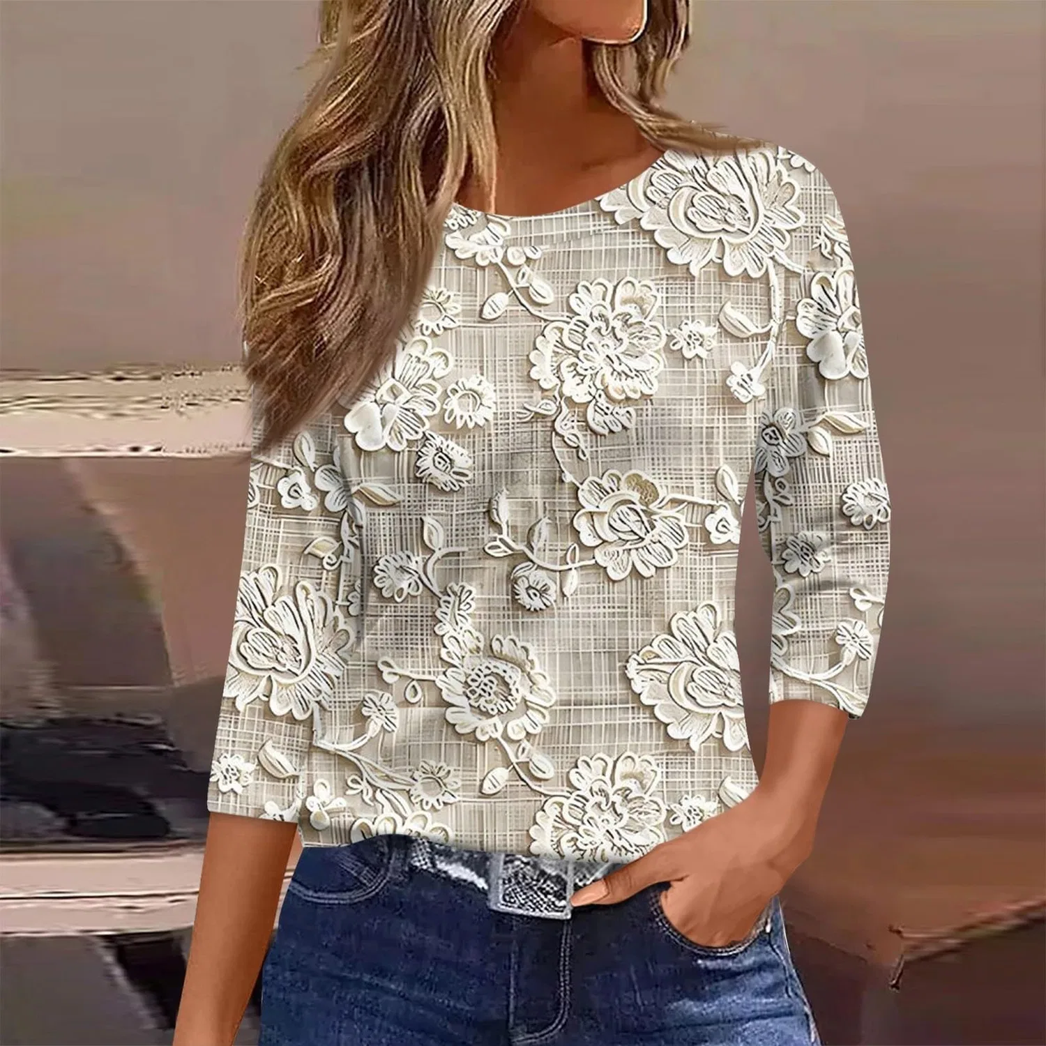 Женская туника с рукавом 3/4, с круглым вырезом, модель Cute Simple Pullover, 1e-khaki — фото 2