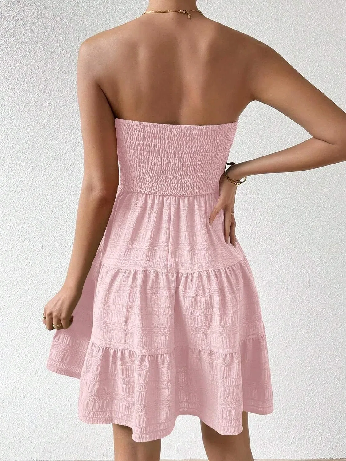 Женское короткое пляжное платье A-силуэта с рюшами, Pink — фото 4