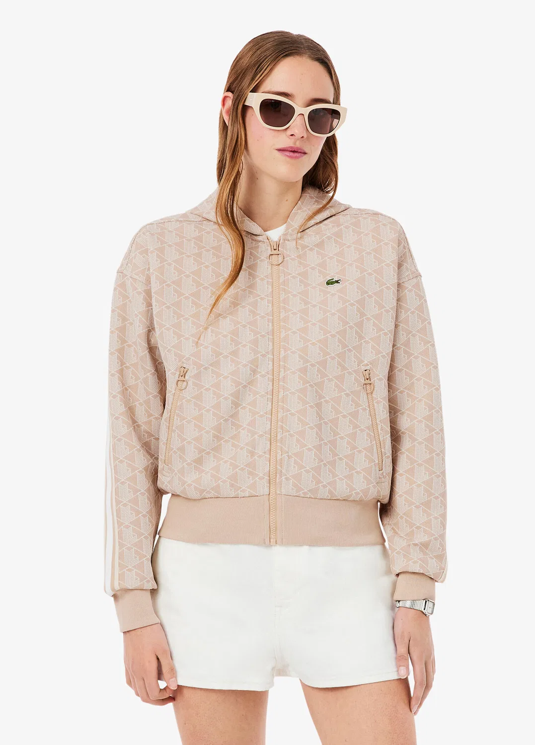 Свитшот Lacoste Monogram, монограмма, контрастные полоски, регулируемый капюшон, розовый