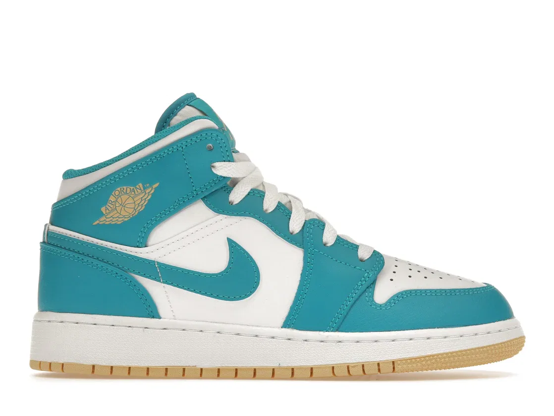 Детские кроссовки Lifestyle с ярким дизайном Jordan 1 Mid Aquatone (GS) Jordan, Aquatone/Celestial Gold/White