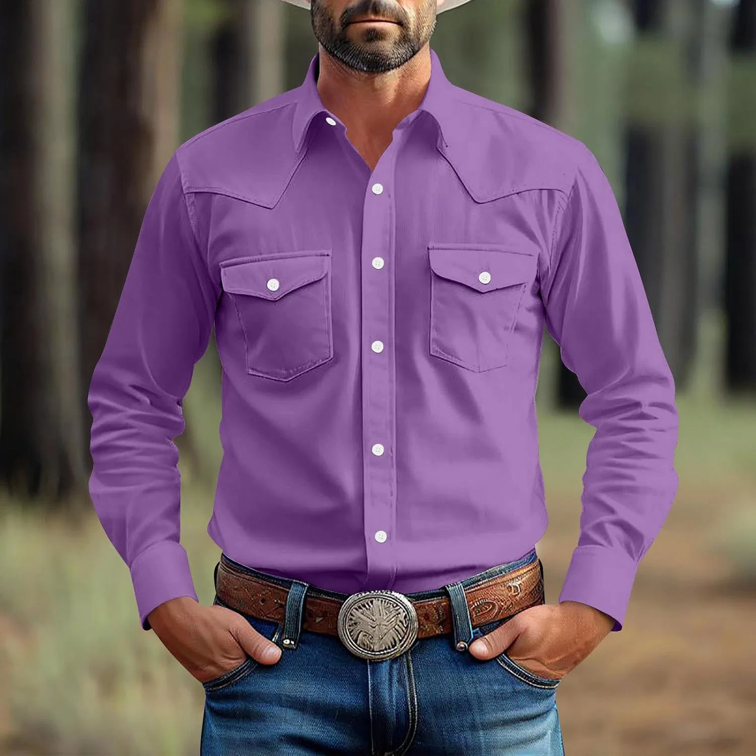 Мужская классическая рубашка с длинным рукавом, Western Cowboy, фиолетовый — фото 2