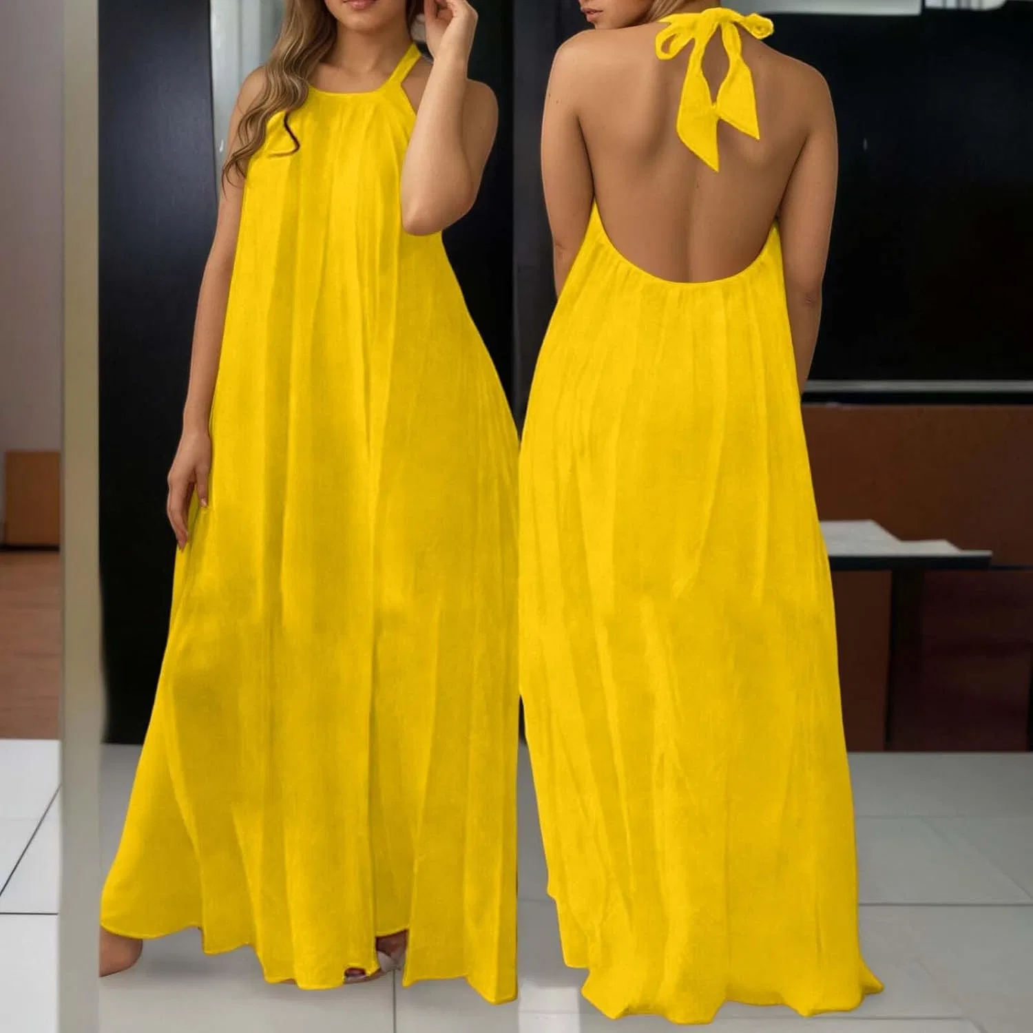 Женское повседневное платье на бретелях с открытой спиной, Yellow — фото 2