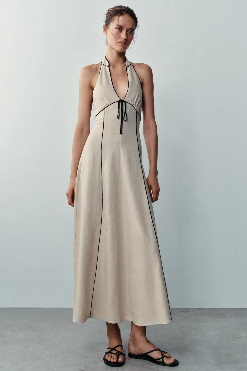 Платье из льняной смеси с контрастной отделкой ZARA, Light beige