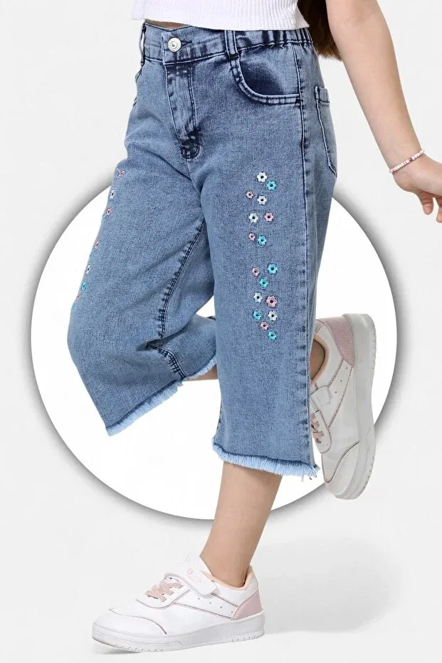 Детские шорты для девочек с вышивкой Sprinkled daisy embroidered-cotton-leg feather detailed-girl's bermuda Modiclas, Blue — фото 3