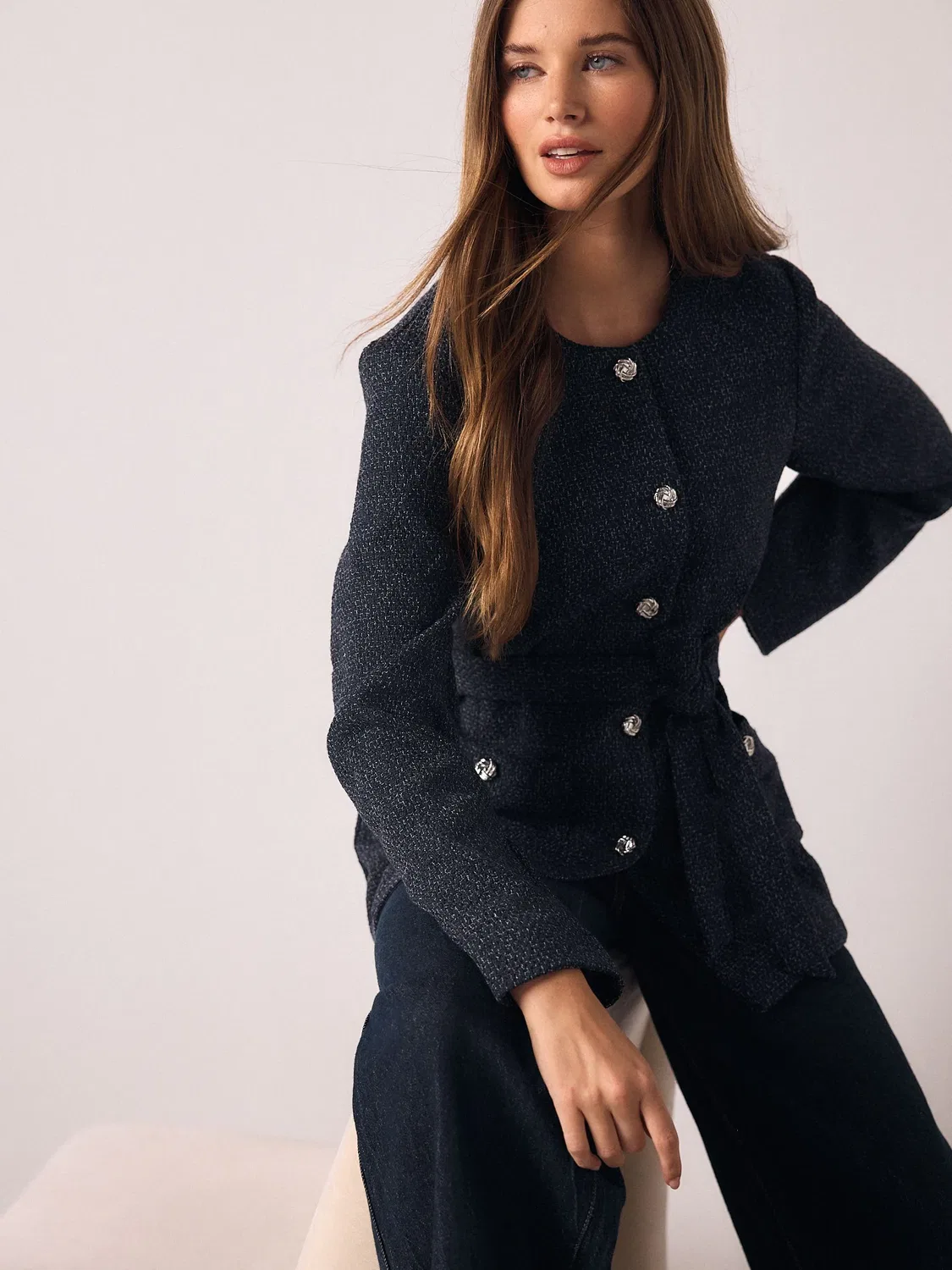 Жакет с поясом из букле с вкраплениями, Navy Fleck Boucle Belted Jacket Next, темно-синий