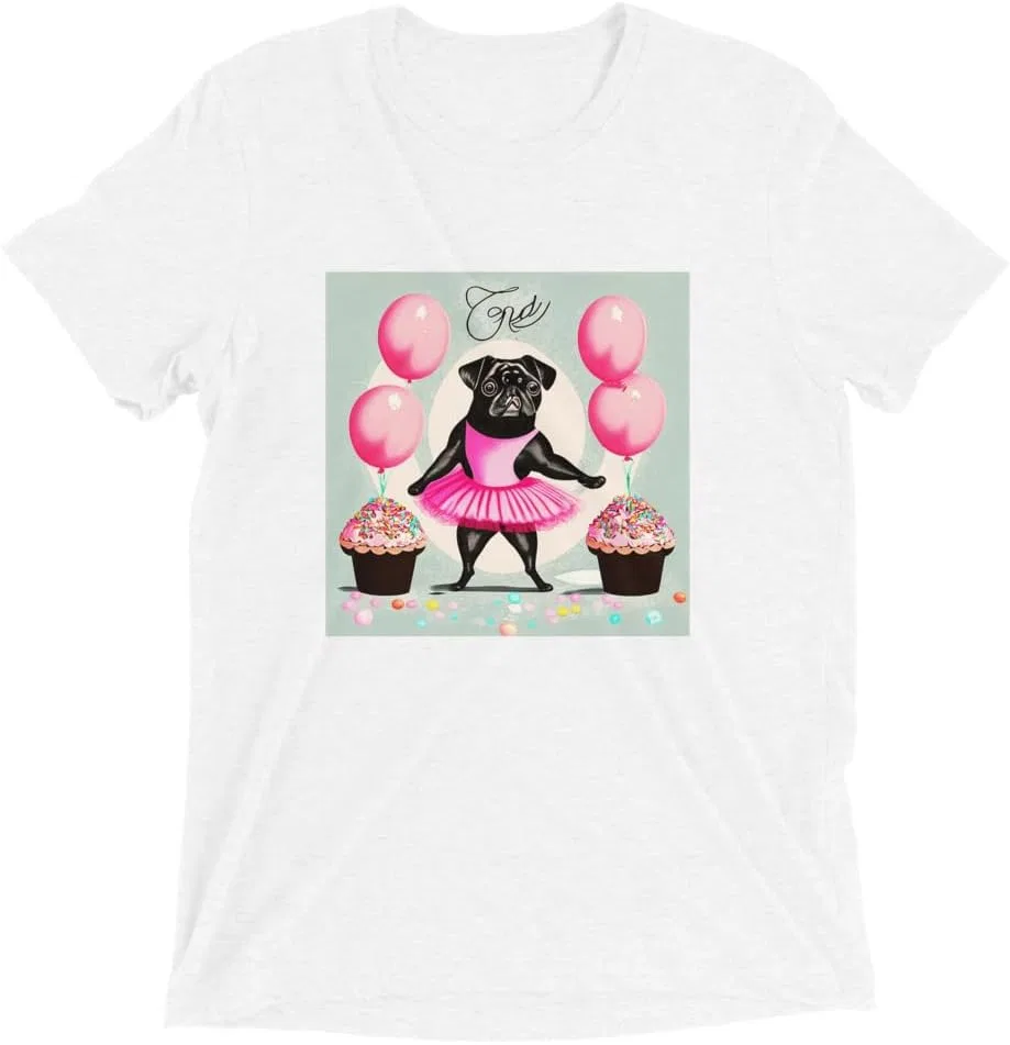 Мужская футболка с принтом Pug Ballerina, Solid White Triblend